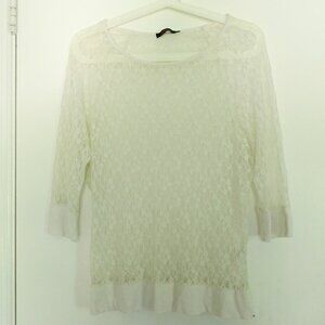 stretchy white lace top raglan sleeve ribbed hem size L